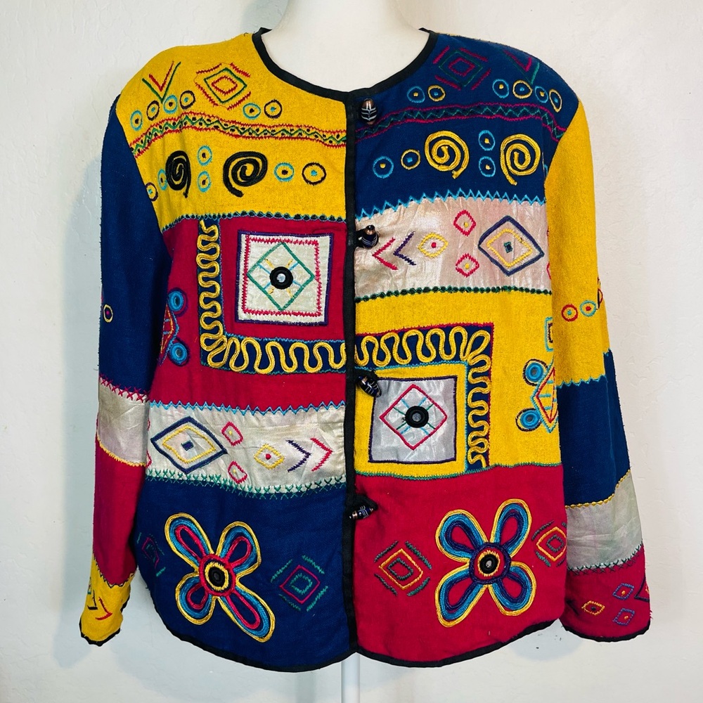Allure Size XL Art To Wear Jacket 100% Silk Embroidered Color Block Lined Unique